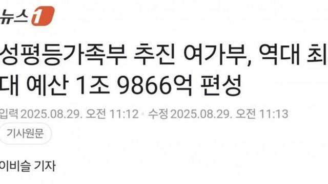 성평등가족부 추진 여가부, 역대 최대 예산 1조 9866억 편성