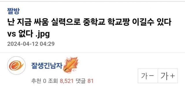 지금 싸움실력으로 중딩때 학교짱이랑 싸우면