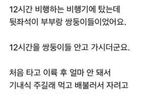 12시간 비행에 쌍둥이 둘 안고 탄 진상 부부 