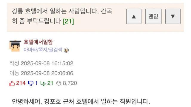 강릉 호텔 직원의 간곡한 부탁