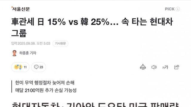 車관세 日 15% vs 韓 25%… 속 타는 현대차그룹