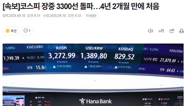 코스피 3300돌파. 4년 2개월만