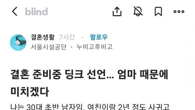 결혼 준비 중 여친한테 딩크 선언 당한 서울시설공단남.blind
