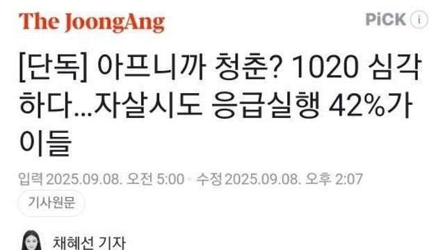아프니까 청춘? 1020 심각하다…자X시도 응급실행 42%