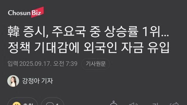 韓 증시, 주요국 중 상승률 1위… 정책 기대감에 외국인 자금 유입