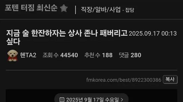 지금 술 한잔하자는 상사 존나 패버리고 싶다