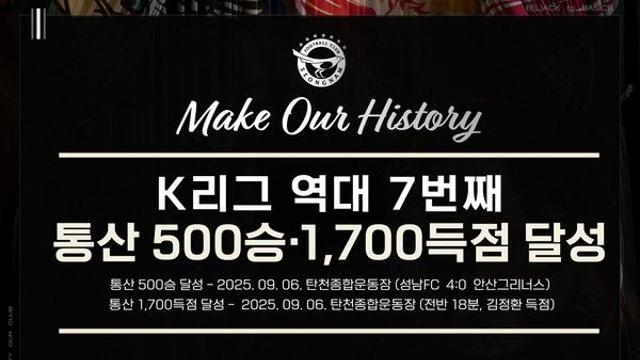 'K리그 역대 7번째' 성남FC, 통산 500승·1700골 달성