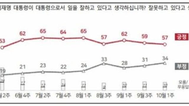 이 대통령 국정수행 '잘한다' 57%·'잘못한다' 34%[NBS]