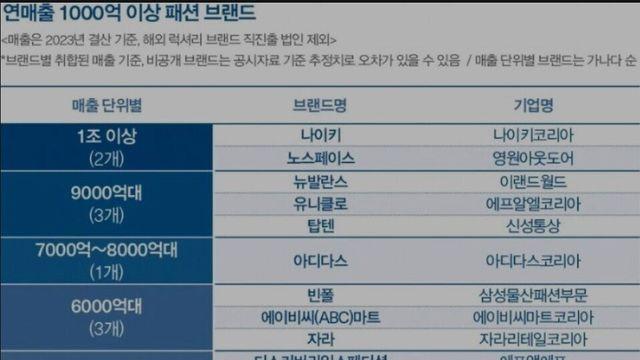 한국에서 매출 1000억 이상 패션 브랜드 순위