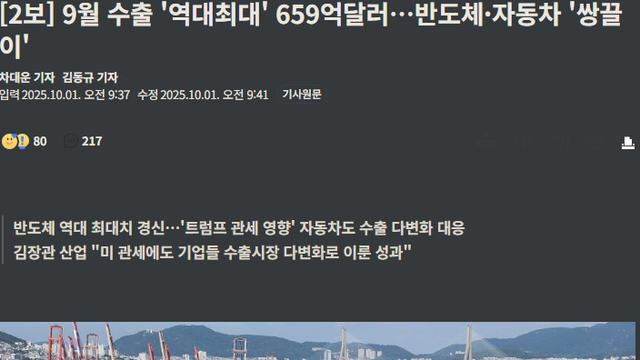 미국 관세에도 2025.9.월 수출 659억달러 역대 최대 기록