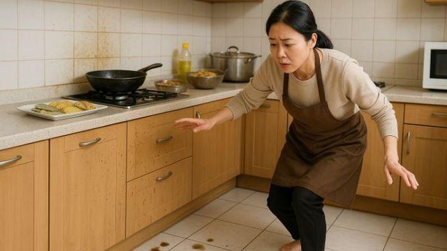 명절 음식하느라 바닥에 기름 범벅, 발이 딱 붙을 정도로 ‘깔끔하게’ 닦는 방법
