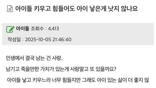 키우기 힘들어도 아이 낳는게 낫지않나요?