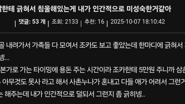 7살한테 긁혀서 스스로를 질책하는 인벤 유저