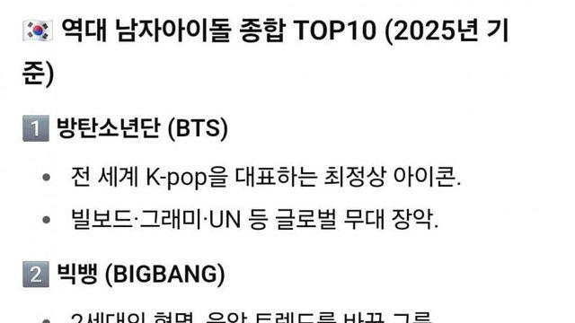 챗GPT가 말하는 역대 남녀 아이돌그룹 TOP10