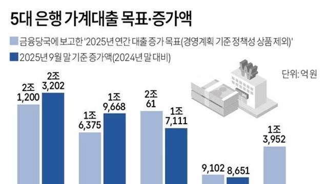 5대 은행 가계대출 목표·증가액