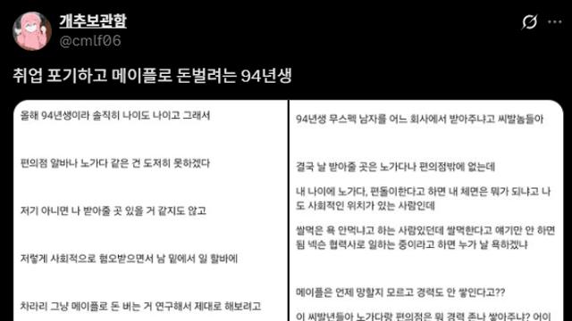 X에도 퍼진 [취업 포기하고 메이플로 돈벌려는 94년생]