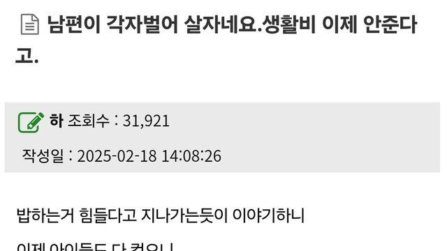남편이 각자벌어 살자네요. 생활비 이제 안준다고