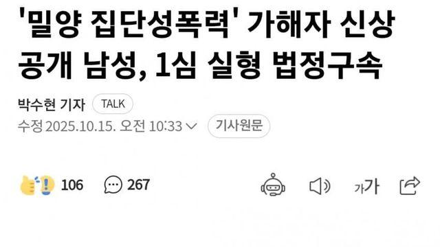 밀양 집단성폭력 가해자 신상공개 남성, 1심 실형 법적구속