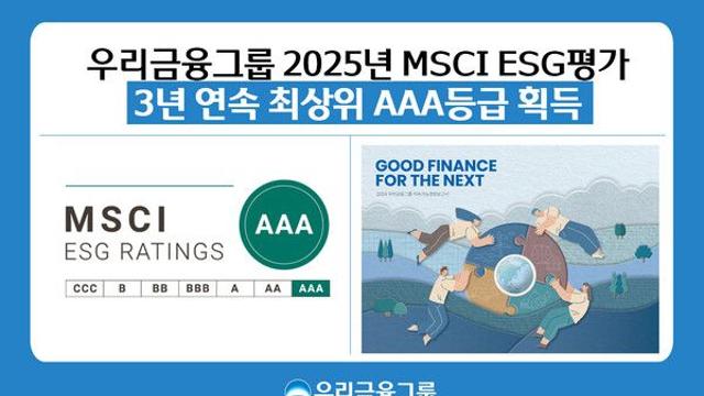 우리금융, ‘MSCI ESG 평가’ 3연속 최상위 등급