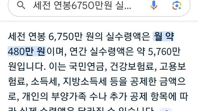 세전연봉 6750 실수령