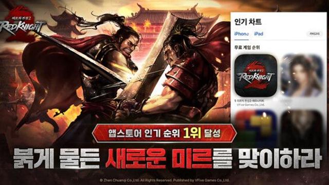 브이파이브 게임즈 ‘미르의 전설2:레드나이트’, 출시 하루 만에 애플 앱스토어 인기 1위 달성