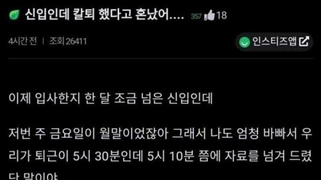 칼퇴했다고 혼난 신입