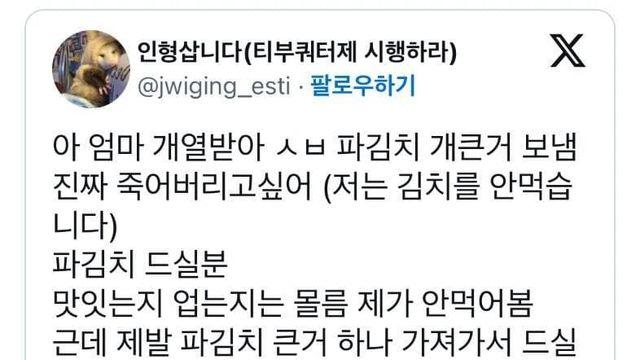 엄마가 보낸 파김치때문에 열받아