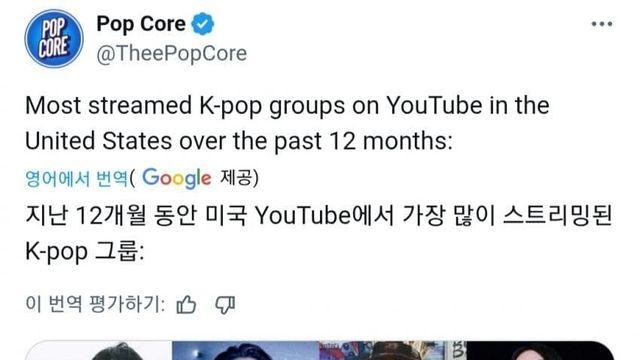 지난 12개월 미.일.영 유튜브에서 가장 많이 스트리밍된 아이돌