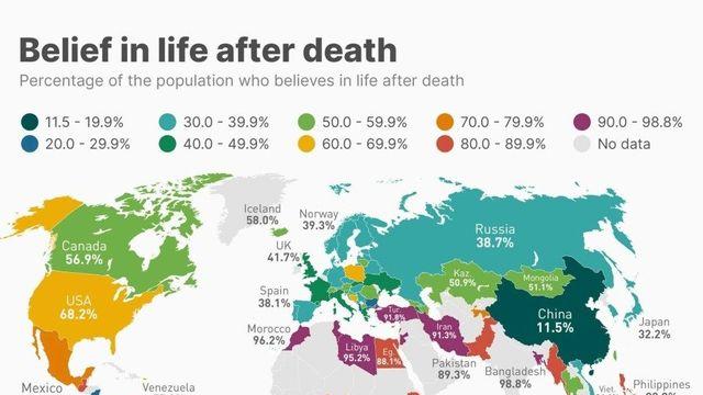 세계 각 지역별 사후세계 신앙자 비율