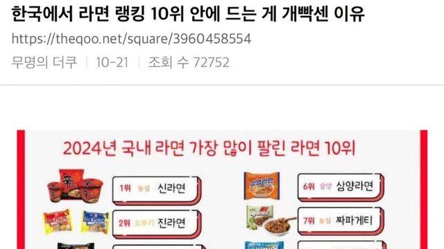 한국 라면 랭킹 TOP 10 안에 들기 힘든 이유
