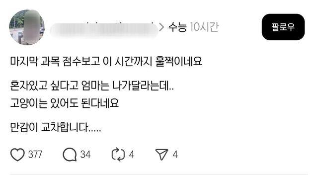 수능 본 딸이 혼자 있고싶다고 나가달라는데