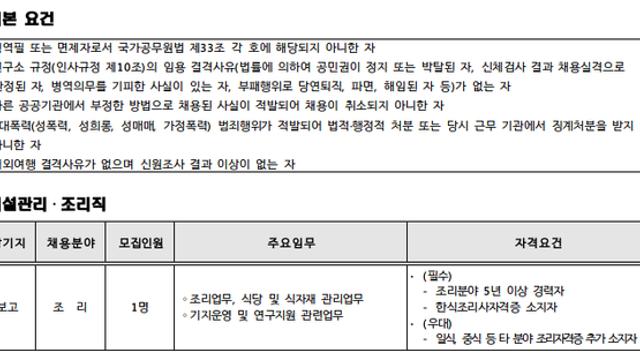 남극 과학기지 조리직 모집 자격요건
