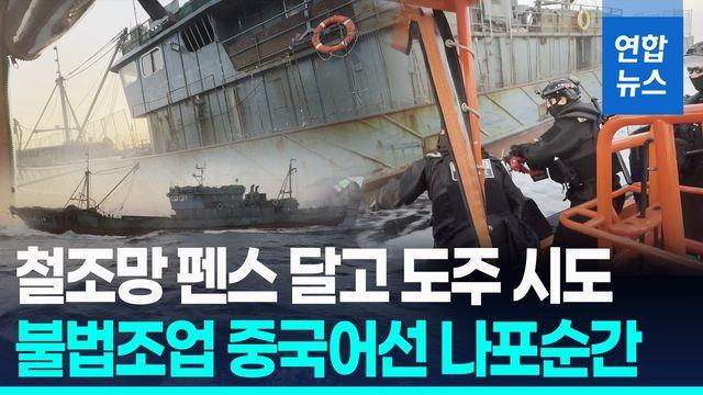[영상] 철조망 펜스 달고 도주하는 중국어선…해경, 와이어 자르고 나포