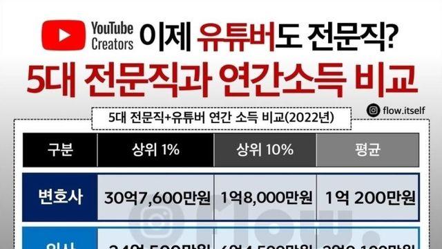 5대 전문직 사이에서도 안꿀리는 유튜버 수입