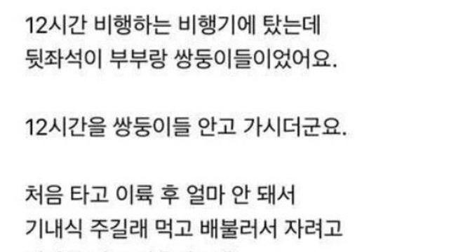 12시간 비행에 쌍둥이 애기 태운 부부