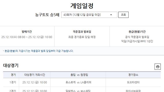 ‘1등 미적중으로 3억 원 이월’…농구토토 승5패 43회차 발매 개시