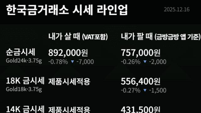 [금값시세] 12월 16일 24K 금 한돈 892,000원