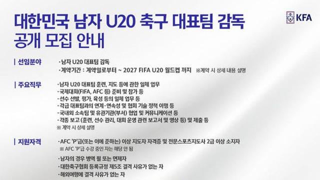 대한축구협회, 남자 20세 이하 대표팀 감독 공개 채용