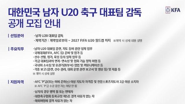 사상 최초! 대한축구협회, 남자 20세 이하 대표팀 감독 공개 채용