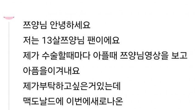 쯔양 영상에 댓글 남긴 초등학생 아픈 어린이들 다들 빨리 낫기를ㅠㅠ