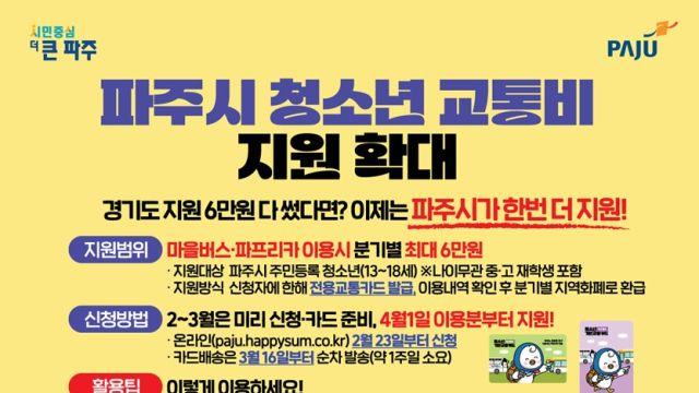 파주시, 청소년 교통비 추가 지원…‘파프렌즈’ 4월 시행