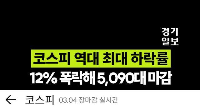 911테러 이후 코스피 역대 최대 하락률, 12%폭락해 5090대 마감