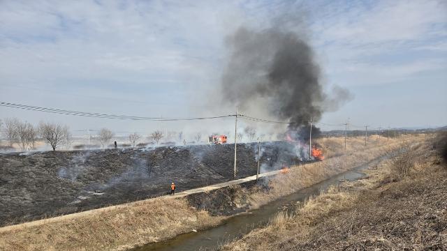 전남 나주 영산강변 둑길 화재…강풍에 불길 확산