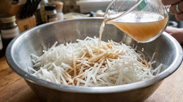 무를 잔뜩 채 썰어 '이 물'에 담가보세요…한 번만 해봐도 계속 찾게 됩니다