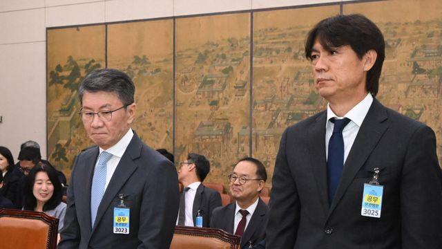 국회서 고개 숙인 정몽규·홍명보...