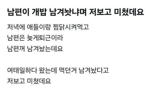 남편이 개밥 남겨놨냐며 저보고 미쳤데요