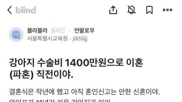 수술비 1400만원 때문에 이혼할거 같다는 블라인..