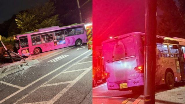 버스가 화단 넘어 정류장까지 들이받았다…외국인 관광객 등 4명 부상