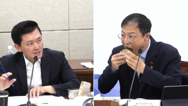 보고받으며 샌드위치 '우물우물'…울산시장에 
