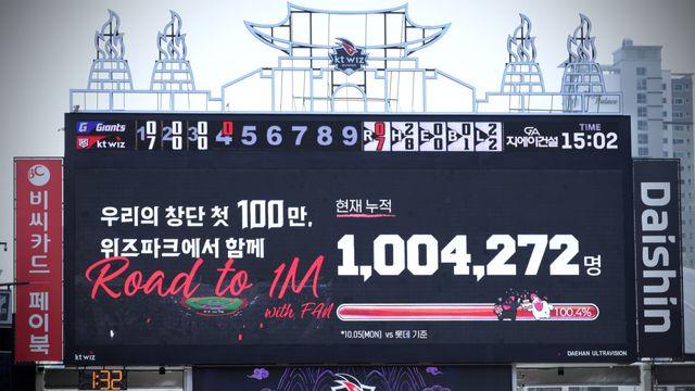 [IS 수원] 짱짱한 성적+참신한 마케팅...수원 야구 도시 만든 KT, 창단 최초 100만 관중 돌파